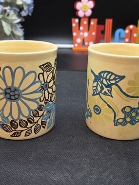 Staffordshire Potteries Mugs White Blue 1970s Floral  Retro